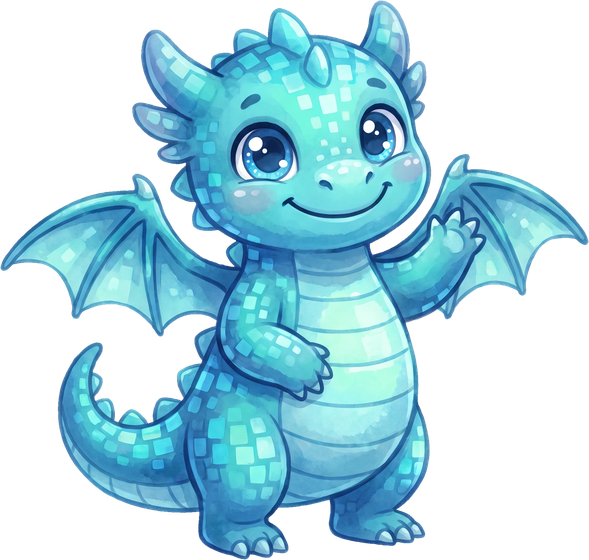 Pixel, un dragón bebé de escamas de luz turquesa, saludando